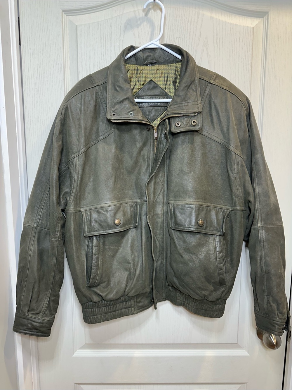 Vintage 90s Timberbay Heavyweight Leather Bomber Jacket - Olive Gray M